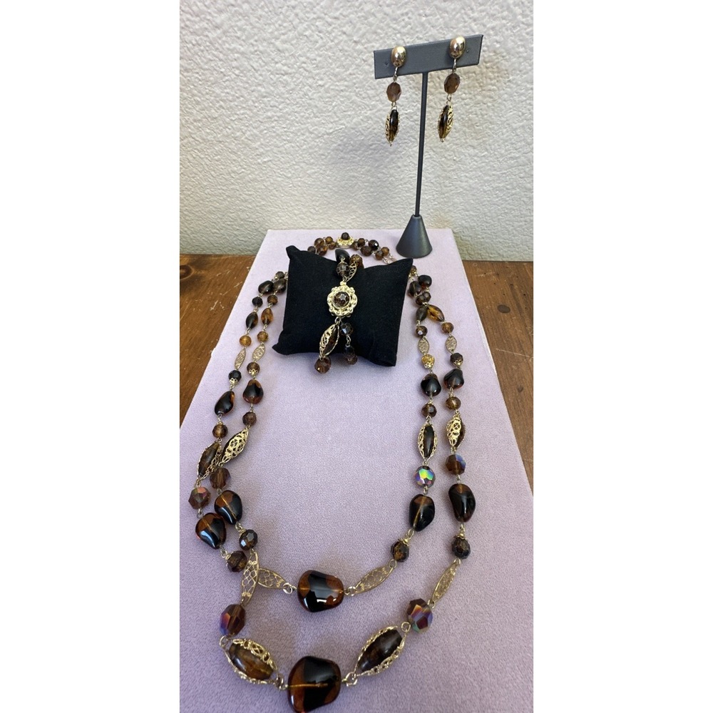 VTG Amber Crystal Gold Filigree Set Necklace Bracelet Earrings Signed W Germany